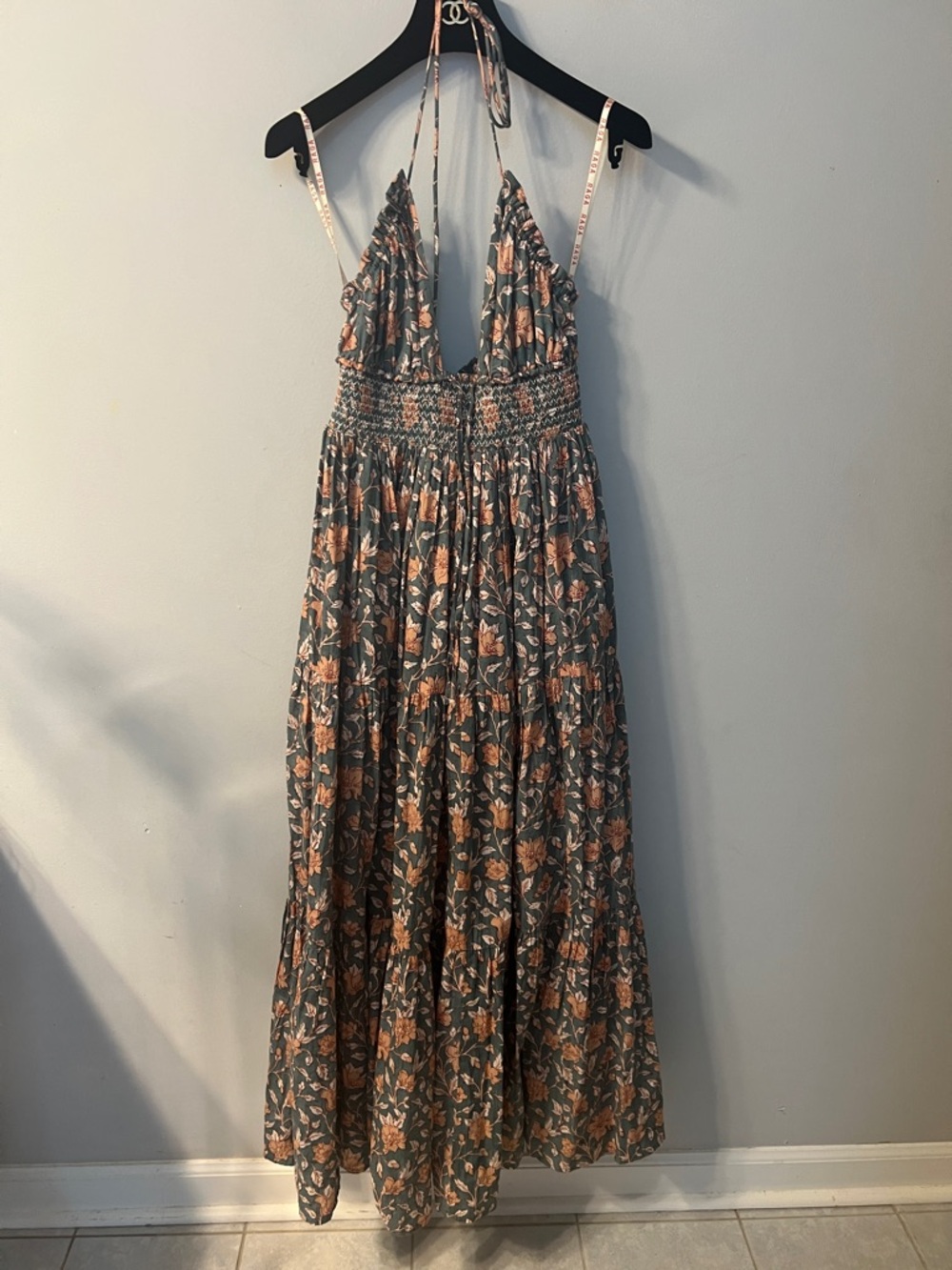 RAGA Halter Tiered Maxi Dress in Sage Green and Peach Floral